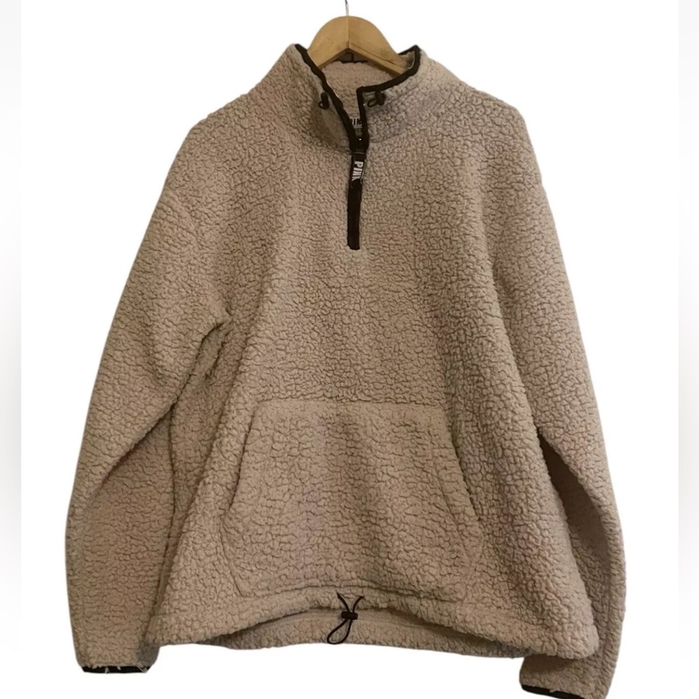 Victoria’s Secret PINK 1/4 Zip Sherpa Pullover  Cream Size L Cozy Warm Jacket **